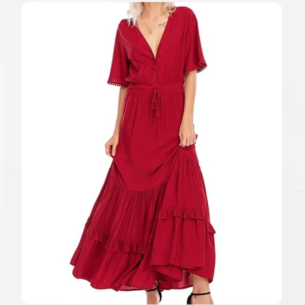 Short Sleeve V Neck Casual Bohemian Maxi Dress
